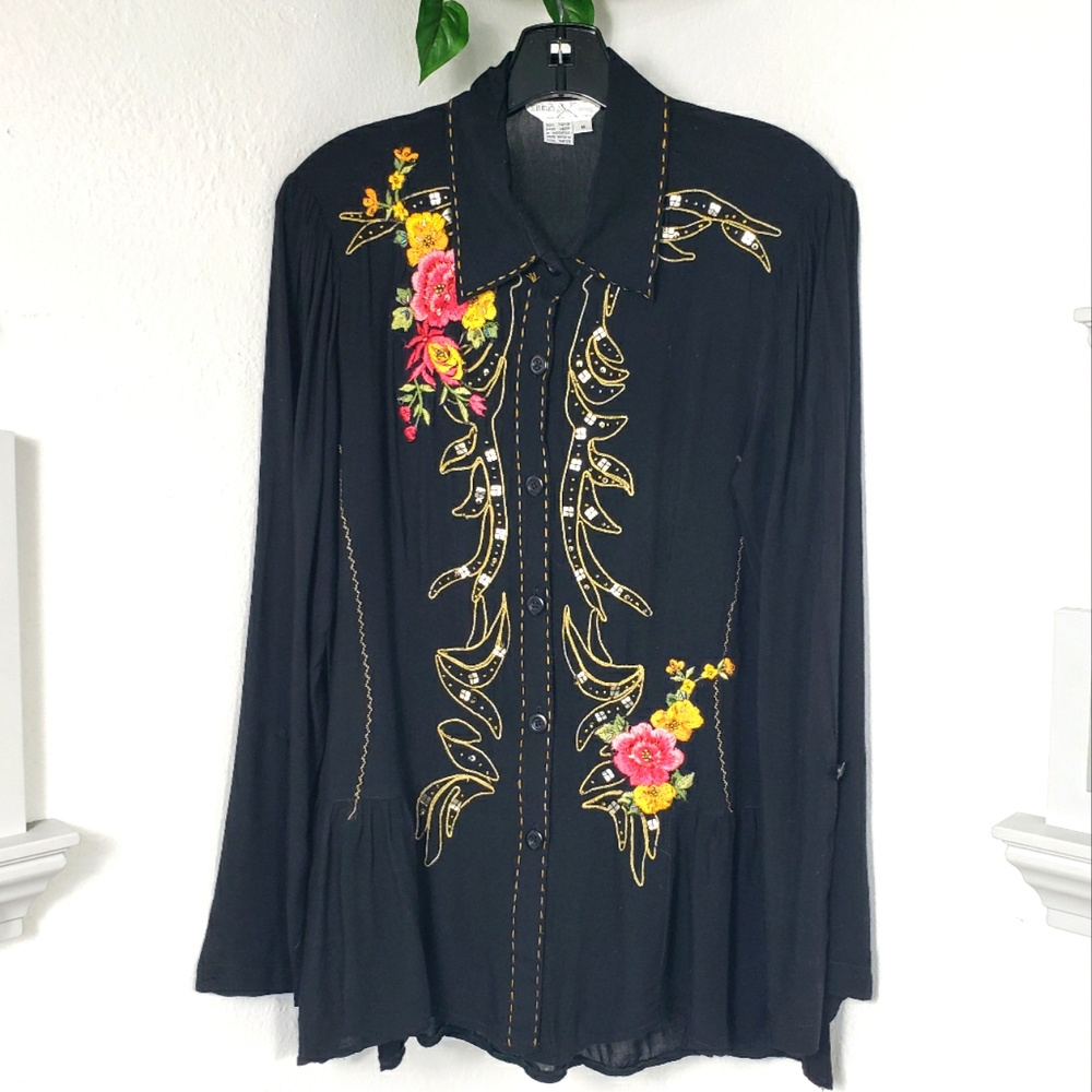 Studio X Black Floral Embroidery Beads Peplum Hemline sz Medium
